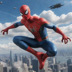 Spiderman garbed in Airpunk attire, demonstrating sleek aviation elements and cloud-skimming devices, against an awe-inspiring sky filled with floating cities and airships