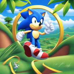 A vibrant and dynamic scene featuring Sonic the Hedgehog from Sonic 3, running at high speed through a lush, green landscape with loop-de-loops and golden rings