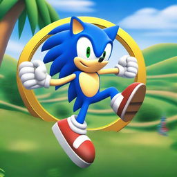 A vibrant and dynamic scene featuring Sonic the Hedgehog from Sonic the Hedgehog 3, running at high speed through a lush, green landscape with loop-de-loops and golden rings