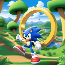 A vibrant and dynamic scene featuring Sonic the Hedgehog from Sonic the Hedgehog 3, running at high speed through a lush, green landscape with loop-de-loops and golden rings