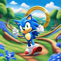 A vibrant and dynamic scene featuring Sonic the Hedgehog from Sonic the Hedgehog 3, running at high speed through a lush, green landscape with loop-de-loops and golden rings