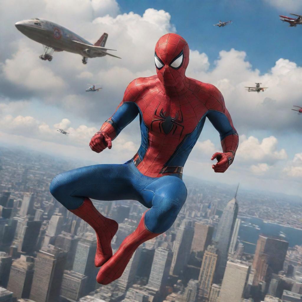 Spiderman garbed in Airpunk attire, demonstrating sleek aviation elements and cloud-skimming devices, against an awe-inspiring sky filled with floating cities and airships