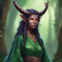 A detailed fantasy illustration of a female druid Tiefling