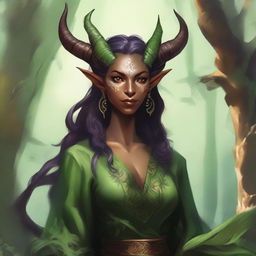 A detailed fantasy illustration of a female druid Tiefling