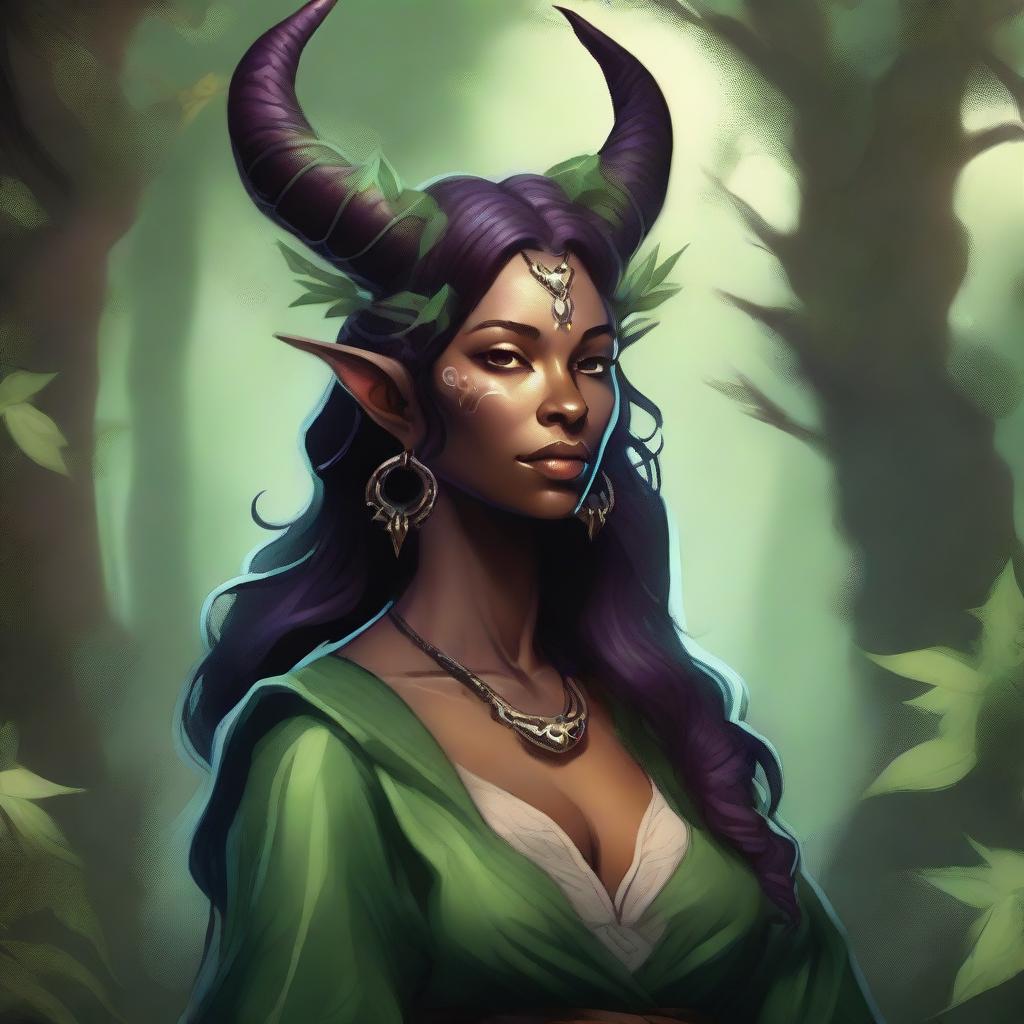 A detailed fantasy illustration of a female druid Tiefling