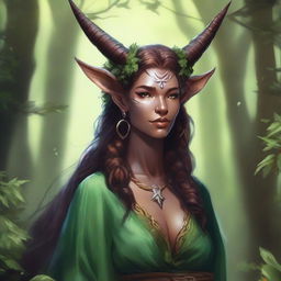 A detailed fantasy illustration of a female druid Tiefling