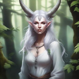 A detailed fantasy illustration of a white Tiefling druid