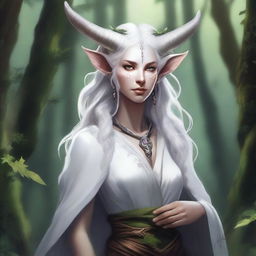 A detailed fantasy illustration of a white Tiefling druid