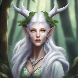 A detailed fantasy illustration of a white Tiefling druid