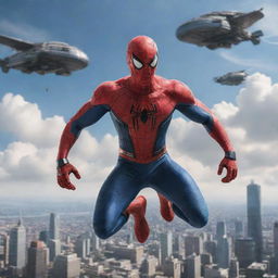 Spiderman garbed in Airpunk attire, demonstrating sleek aviation elements and cloud-skimming devices, against an awe-inspiring sky filled with floating cities and airships