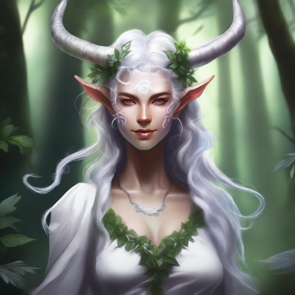 A detailed fantasy illustration of a white Tiefling druid