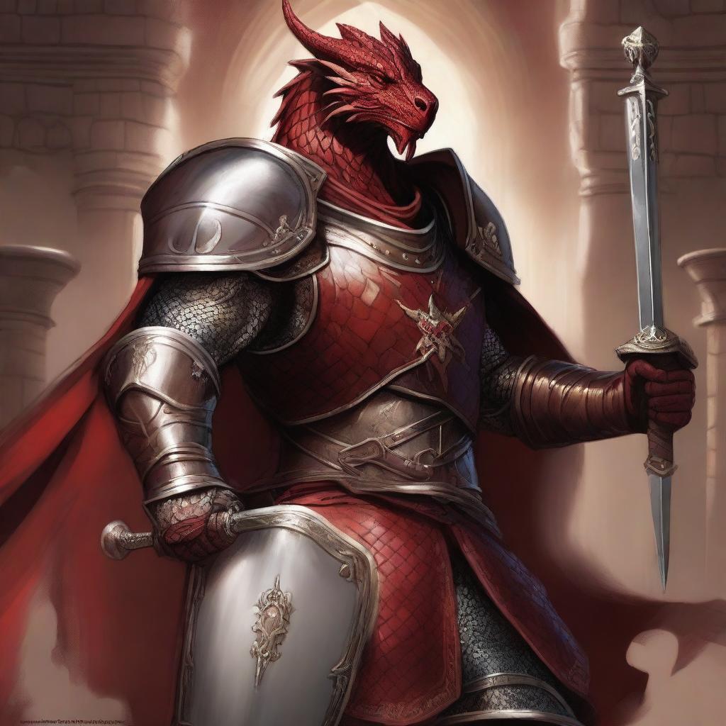 A detailed fantasy illustration of a red Dragonborn paladin