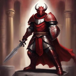 A detailed fantasy illustration of a red Dragonborn paladin