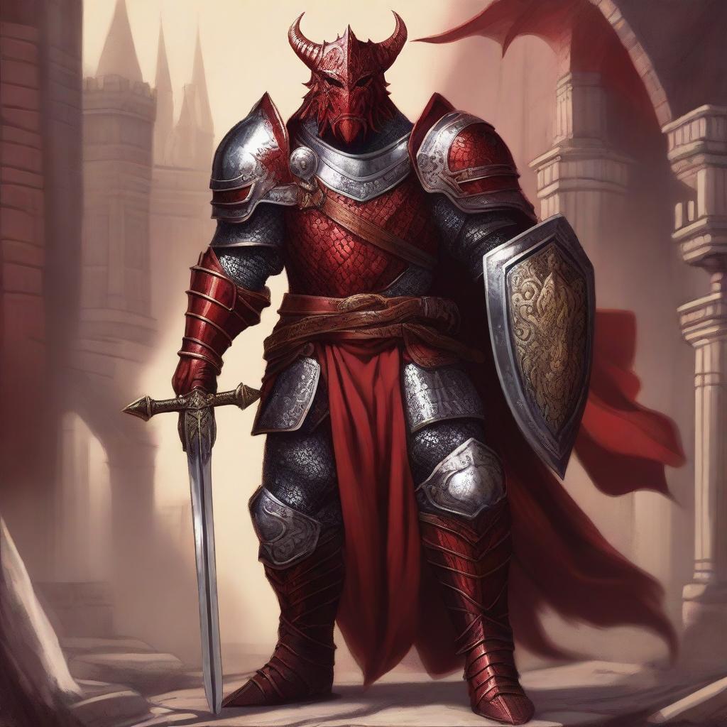 A detailed fantasy illustration of a red Dragonborn paladin