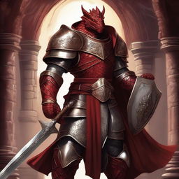 A detailed fantasy illustration of a red Dragonborn paladin