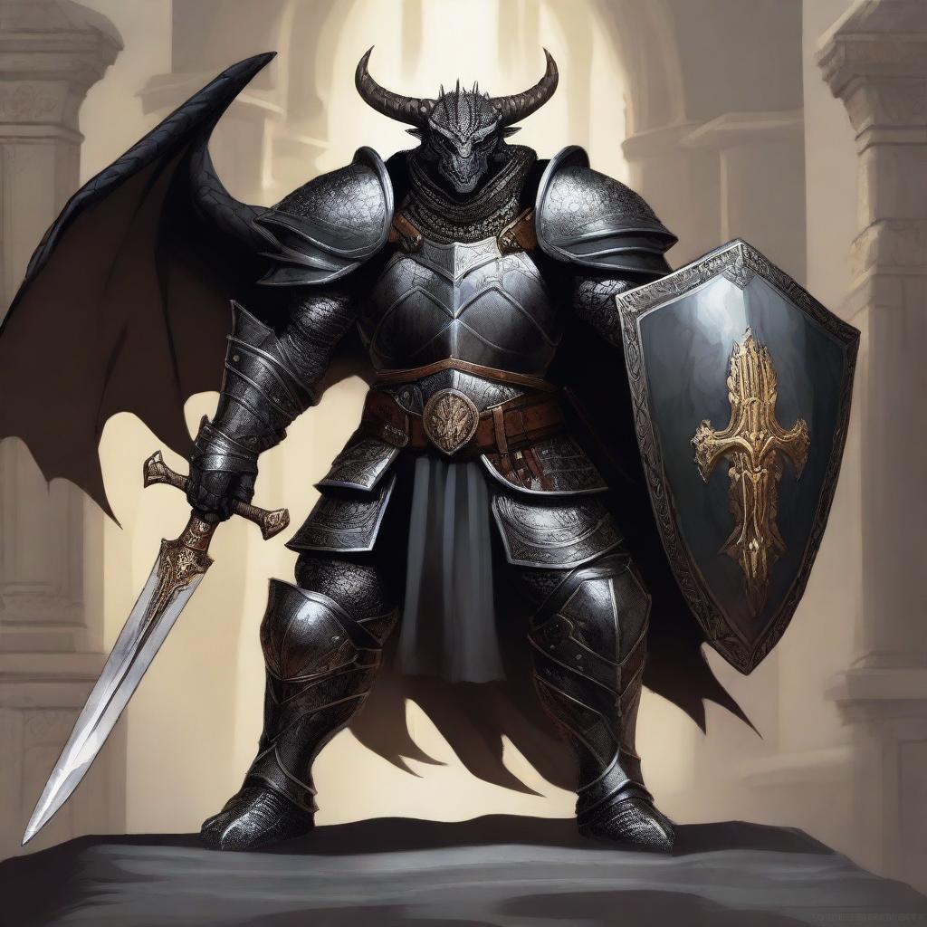 A detailed fantasy illustration of a black Dragonborn paladin