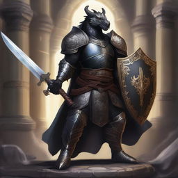 A detailed fantasy illustration of a black Dragonborn paladin