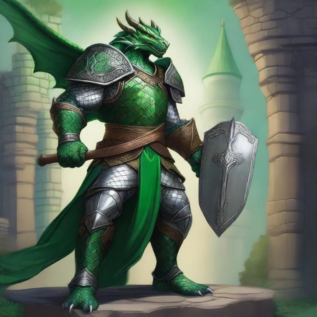 A detailed fantasy illustration of a green Dragonborn paladin