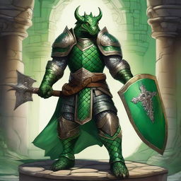 A detailed fantasy illustration of a green Dragonborn paladin