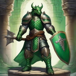 A detailed fantasy illustration of a green Dragonborn paladin