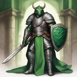 A detailed fantasy illustration of a green Dragonborn paladin