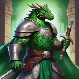 A detailed fantasy illustration of a green Dragonborn paladin