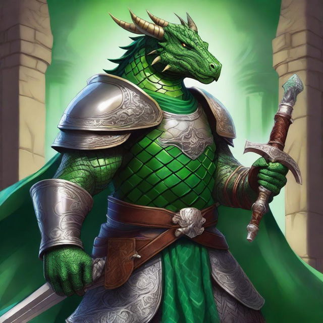 A detailed fantasy illustration of a green Dragonborn paladin