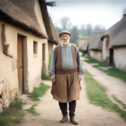 A simple medieval peasant standing in a rustic village setting