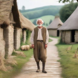 A simple medieval peasant standing in a rustic village setting