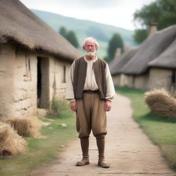 A simple medieval peasant standing in a rustic village setting