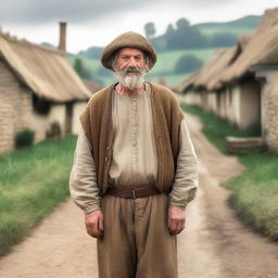 A simple medieval peasant standing in a rustic village setting