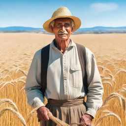 A peasant standing in a golden wheat field during harvest season