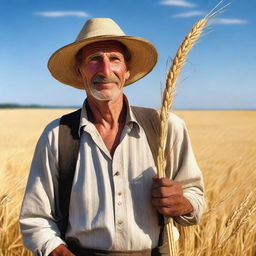 A peasant standing in a golden wheat field during harvest season