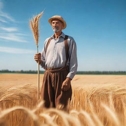 A peasant standing in a golden wheat field during harvest season