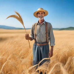 A peasant standing in a golden wheat field during harvest season