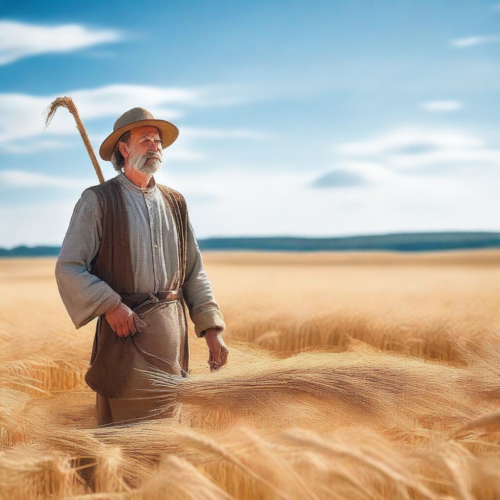 A medieval peasant standing in a vast golden wheat field during harvest season