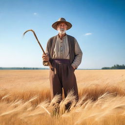 A medieval peasant standing in a vast golden wheat field during harvest season