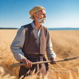 A medieval peasant standing in a vast golden wheat field during harvest season