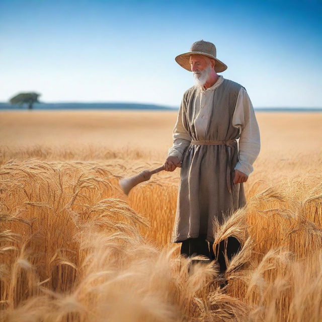 A medieval peasant standing in a vast golden wheat field during harvest season