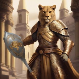 A detailed fantasy illustration of a Tabaxi lion fighter