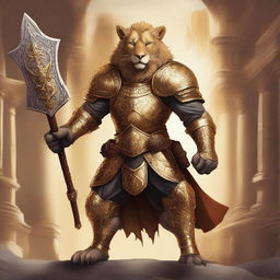 A detailed fantasy illustration of a Tabaxi lion fighter