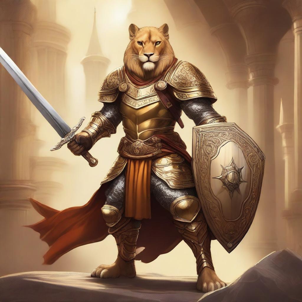 A detailed fantasy illustration of a Tabaxi lion fighter