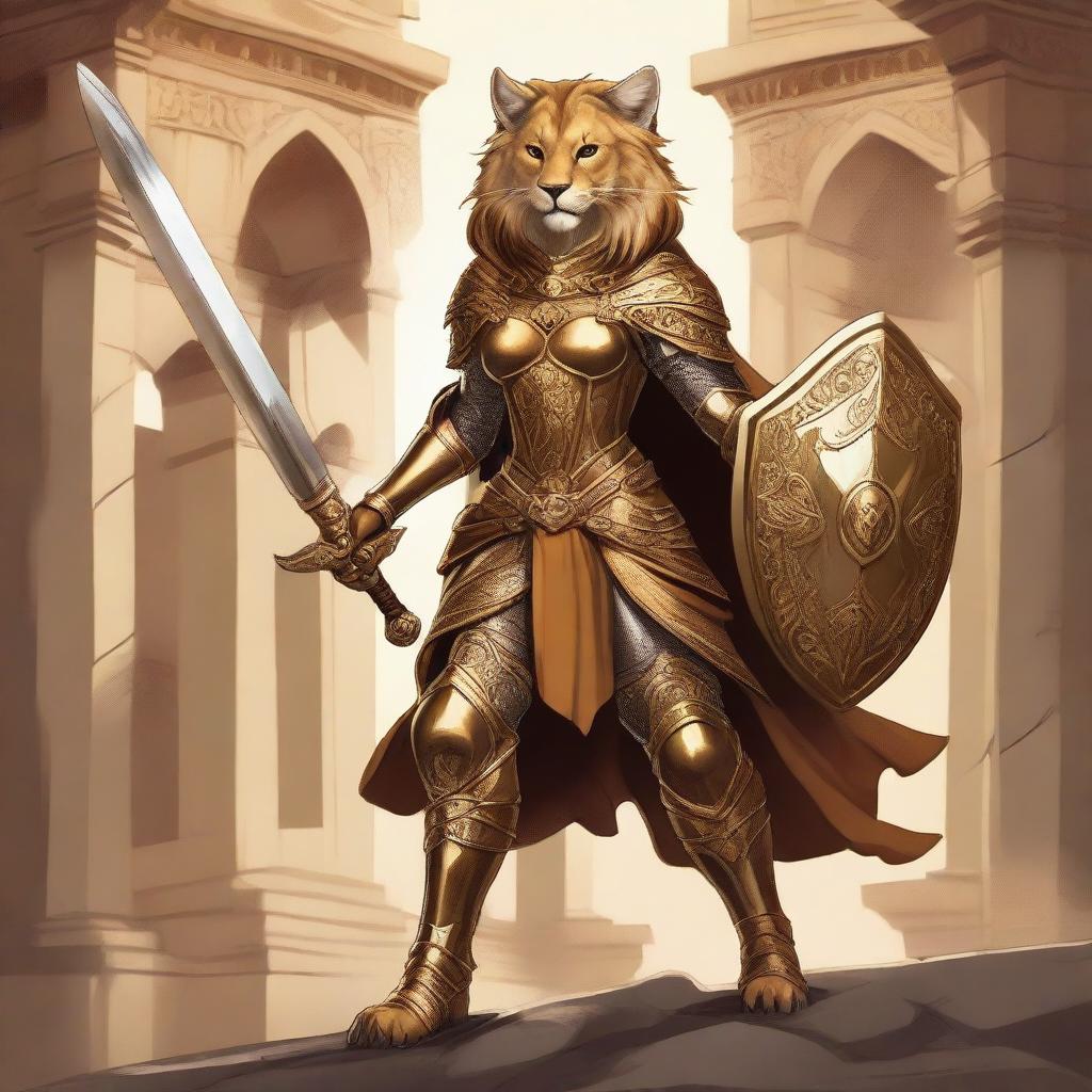 A detailed fantasy illustration of a female Tabaxi lion fighter