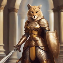 A detailed fantasy illustration of a female Tabaxi lion fighter