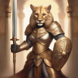 A detailed fantasy illustration of a female Tabaxi lion fighter