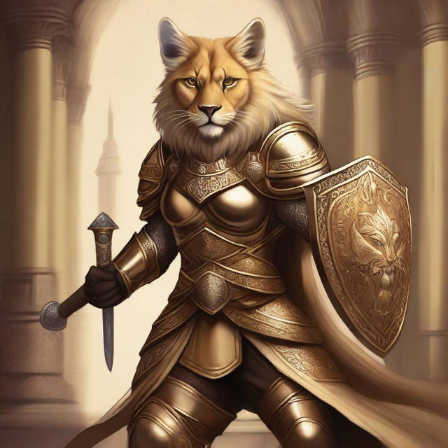 A detailed fantasy illustration of a female Tabaxi lion fighter