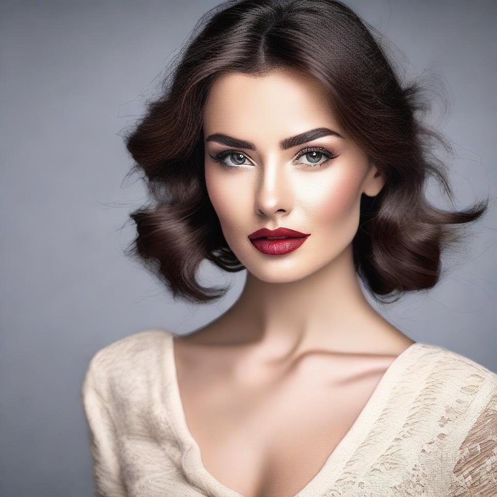 Create an image of an attractive woman with elegant features and stylish clothing