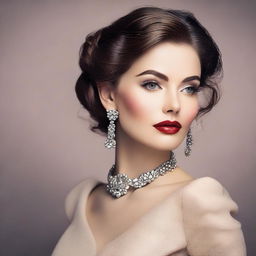 Create an image of an attractive woman with elegant features and stylish clothing