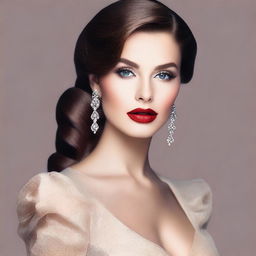 Create an image of an attractive woman with elegant features and stylish clothing