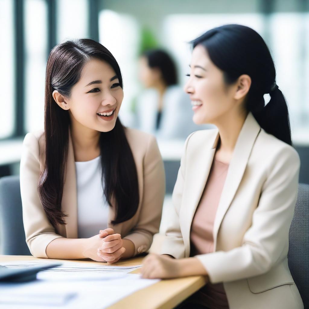 A lively and engaging photo featuring two Asian women gossiping at work